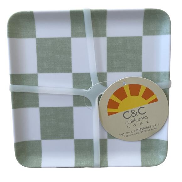 Checkered Melamine Appetizer Plates 6in Set of 4 Green White by C&C California - Picture 7 of 7